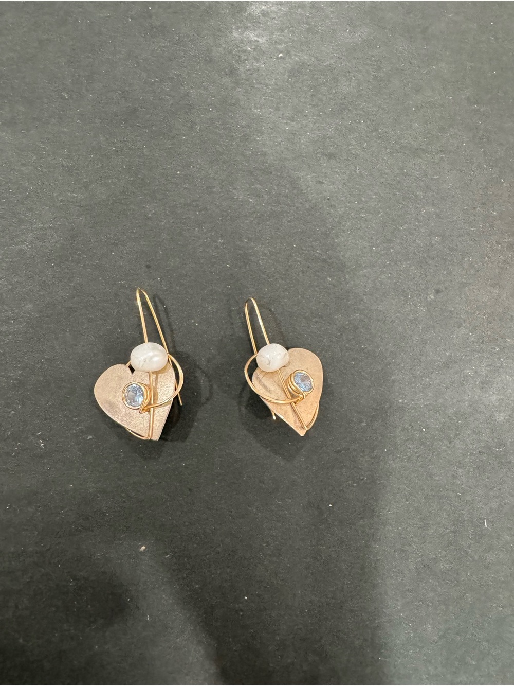 Handcrafted Gold Heart Drop Earrings with Pearl and Crystal. Alice Kline - Picture 2 of 3